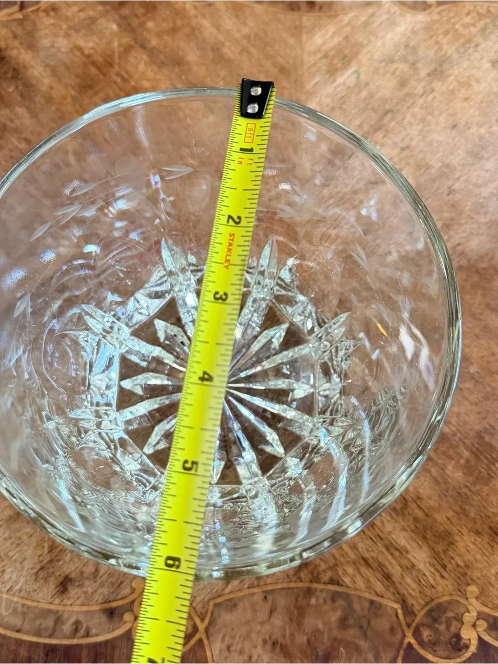 Vintage Floral Etched Heavy Crystal Ice Bucket / Bowl Thick Starburst Base